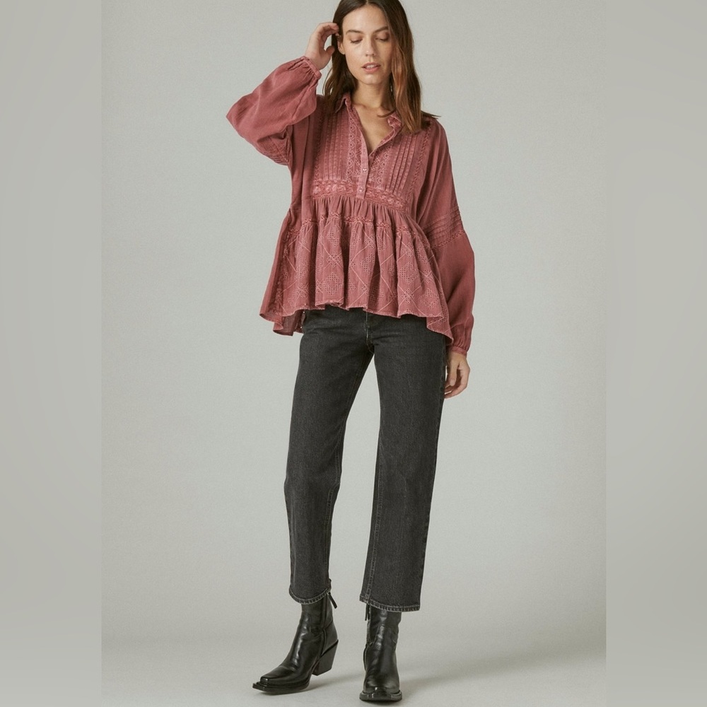 Lucky Brand Embroidered Long Sleeve‎ Button Down Top Eyelet Peasant Blouse Small